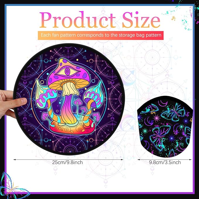 Gejoy 24 Pcs Foldable Fan Mushrooms and Skulls Foldable Fan Style Summer Flower Handheld Round Folding Fan for Men Women Rave Fan for EDM Music Festival Club Rave Accessories Party Favors Decorations