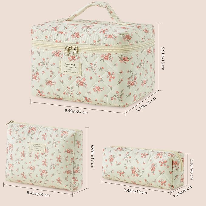 HBselect Quilted Makeup Bag, 3PCS Cotton Large Travel Makeup Bag, Cute Floral Coquette Make up Bag Cosmetic Bag Toiletry Bag for Women Girls