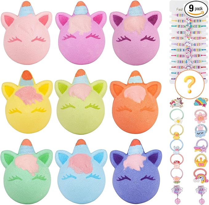 Unicorn Bath Bomb Gift Set 9 Packs for Girls and Boys, Handmade and Nature Bath Bombs with Surprise for Kids, Perfect for Bubble Bath, Christmas Birthday Gifts for Kids Toddler Women