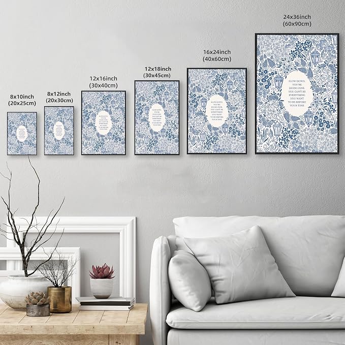 Slow Down You're Doing Fine Music Poster Motivational Song Lyric Blue Wall Art Vintage Positive Quote Daily Reminder Floral Canvas Print for Office Bedroom Home Decor 8x12inch Black Aluminum Frame