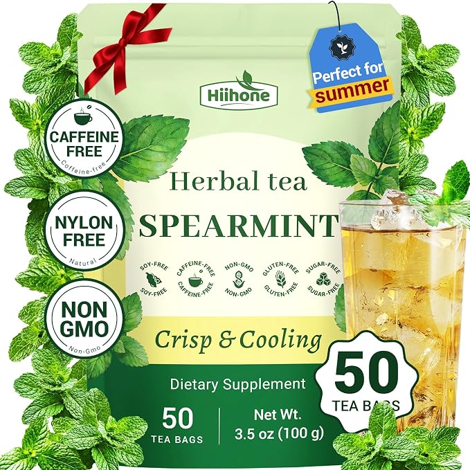 Hiihone Spearmint Tea Bags 50 Count – Pure Spearmint Leaf Herbal Tea, Caffeine-Free, Refreshing Mint Flavor, Supports Digestion & Everyday Wellness, Non-GMO