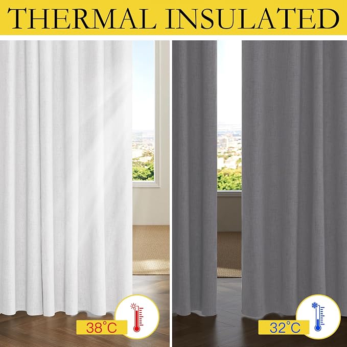 NICETOWN Linen 100% Blackout Cafe Curtains, Thermal Insulated & Noise Reducing Draperies with Grey Liner, Rod Pocket Short Drapes for Kids Room, Kitchen (52" W by 48" L, 2 Panels, Greyish White)