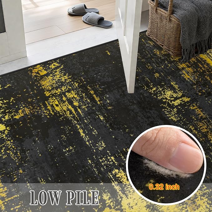 8x10 Area Rug Living Room Rug: Washable Modern Abstract Soft Thin Rug Indoor Floor No Slip Carpet for Bedroom Dining Room Farmhouse Nursery Home Office - Dark Black Gold