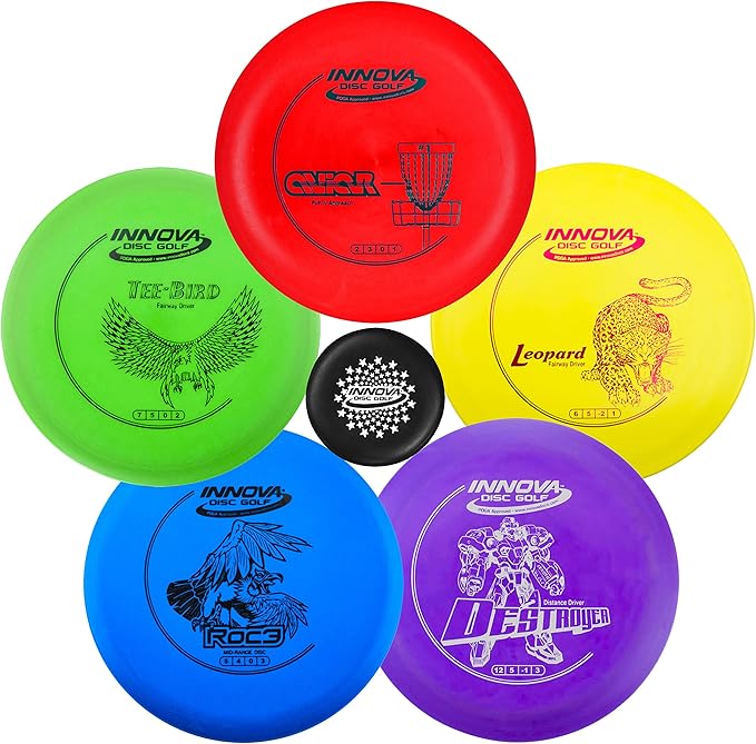 Innova Disc Golf Starter Set –Colors May Vary 160-180g – Includes Putter, Mid Range, 2X Fairway Drivers, Distance Driver, Mini Marker Beginner Disc Golf Set
