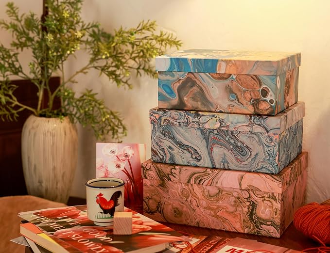 3-Piece Decorative Storage Boxes with Lids, Pigment Design, Table Decor, Cardboard Paperboard Keepsake box Set, Photo Storage Box for Memory, Home Decor, Modern Decoration Organizer