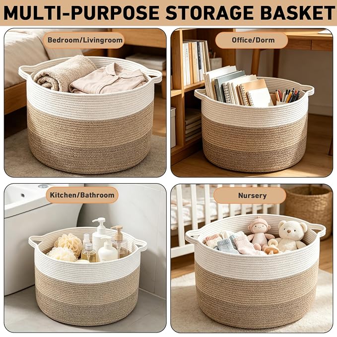 65L Large Blanket Basket,Woven Rope Laundry Basket-Mix Brown | Collapsible Nursery Storage Bin with Sturdy Handles, Organizes Clothes, Toys and Pillows for Living Room, Bedroom, Bathroom