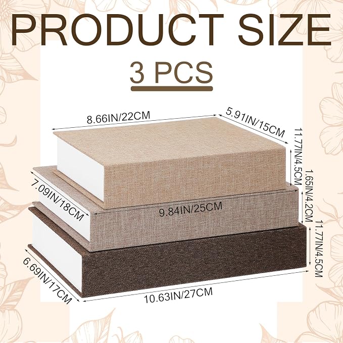 Tioncy 3 Pcs Decor Linen Faux Book Box Set Aesthetic DIY Fake Linen Book Box for Decor Storage Cafe Table Bookshelf Gift Home Keepsake(Multi Sizes,Khaki, Dark Coffee, Light Coffee)