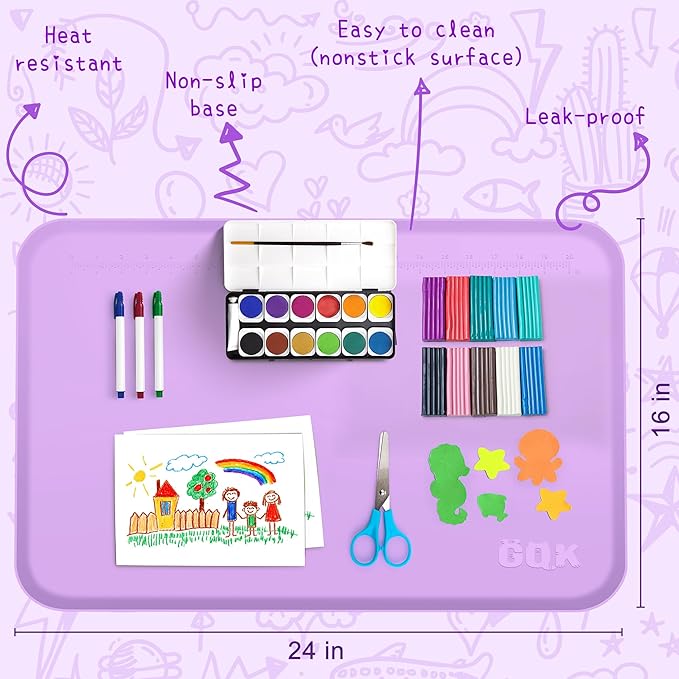 Silicone Art Mat for Crafts, 24" x 16" Painting Mat for Kids with Raised Sides to Stay Tidy, Paint Craft Mats for Clay, Resin, Slime, Jewelry-Making & Crafts Creation (Purple)