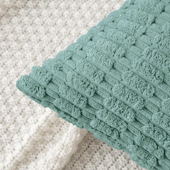 MIULEE Corduroy Decorative Throw Pillow Covers 18x18 Teal Green Pack of 2 | Soft Boho Striped Pillow Covers Modern Farmhouse Home Decor For Sofa Living Room Couch Bed