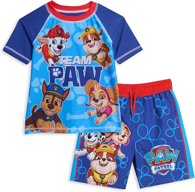 Nickelodeon Paw Patrol Pullover Rash Guard and Swim Trunks UPF 50+ Outfit Set Toddler to Big Kid Sizes (2T - 10-12)