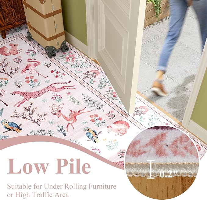 DUKINO 2x3 Entryway Rug, Washable Door Mat Animal Rug for Kitchen, Pink | Non Slip, Low Pile, Soft Indoor Small Rug for Entrance, Bedroom, Bathroom, Laundry, Pet Friendly, Lightweight, Non-Shedding
