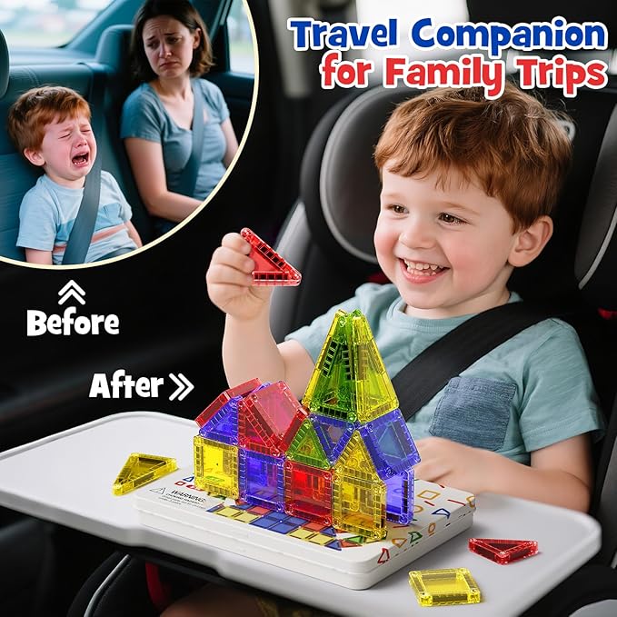 Portable Magnetic Tiles for Kids Travel - 40pcs STEM Building Blocks with Visual Storage Guide & Metal Box Play Base, Toddler Airplane Activities Toys for Ages 3-5,4-8, Compact Travel Toys