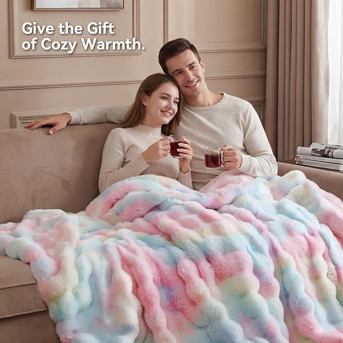 Faux Rabbit Fur Throw for Couch - Rainbow Bubble Blanket 60"x80" | Fluffy Plush Fuzzy Colorful Throw for Sofa & Bed, Super Soft Cozy Comfrt Blanket, Luxury Rainbow Decor Gift for Women