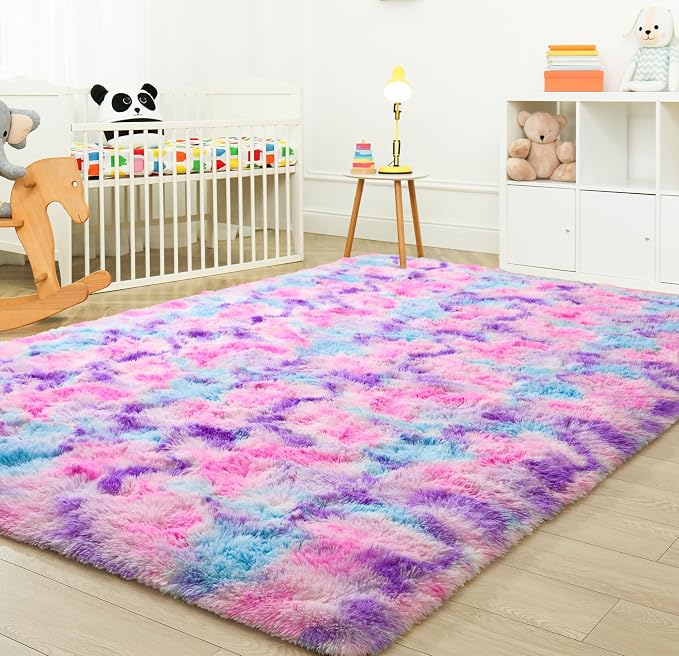 Tepook Pink Blue Purple Area Rug for Girls Room, Fluffy 6x9 Cute Soft Colorful Kids Rugs for Bedroom Dorm Classroom Nursery Playroom, Fuzzy Shaggy Rainbow Princess Carpet for Toddler Home Decor