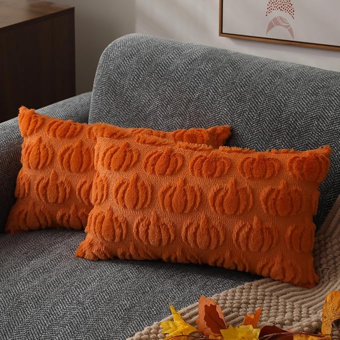 DFXSZ Fall Pillow Covers 12x20 2Pcs Orange Pumpkin Fall Decoration for Home | Fall decor Set of 2 Throw Pillow Cases Soft Plush Faux Fur Wool Couch Cushion for Chair Sofa Bedroom Living Room Home Decor