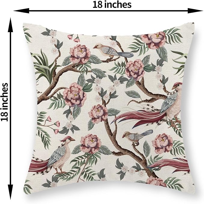 Chinoiserie Pillow Covers 18x18 Set of 2 Pink Green Bird Floral Throw Pillows Vintage Pink Flower Bird Decorative Pillow Cases Chinoiserie Decor Farmhouse Outdoor Cushion Case for Couch Sofa