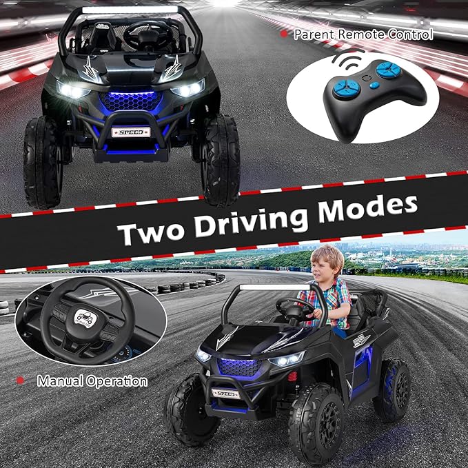 Costzon 2-Seater Ride on Car for Kids, 12V Kids' Electric Vehicles w/Remote Control, 4 Shock Absorbers, Wireless Music & FM, 3 Speeds, Ambiance Lights, Electric UTV, Kid Car Toy for Boys, Girls(Black)