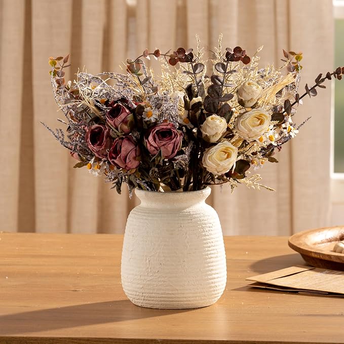 Ceramic Flower Vase, Small Rustic Farmhouse Vases Home Decor, Short Pottery Decorative Pampas Vase for Table Living Room Entryway Mantel Bookshelf Bedroom Bathroom Kitchen - 6" W