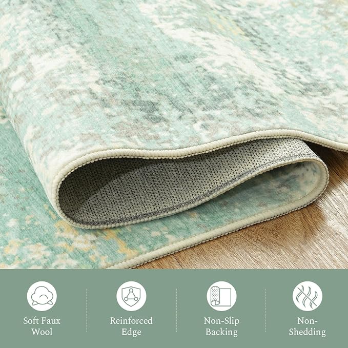 Rugflix 8x10 Area Rugs for Living Room, Washable Light Green Large Rug | Machine Washable; Stain-Resistant; Low Pile; Non-Slip; Modern Abstract; Carpet for Bedroom Dining Office Nursery Home