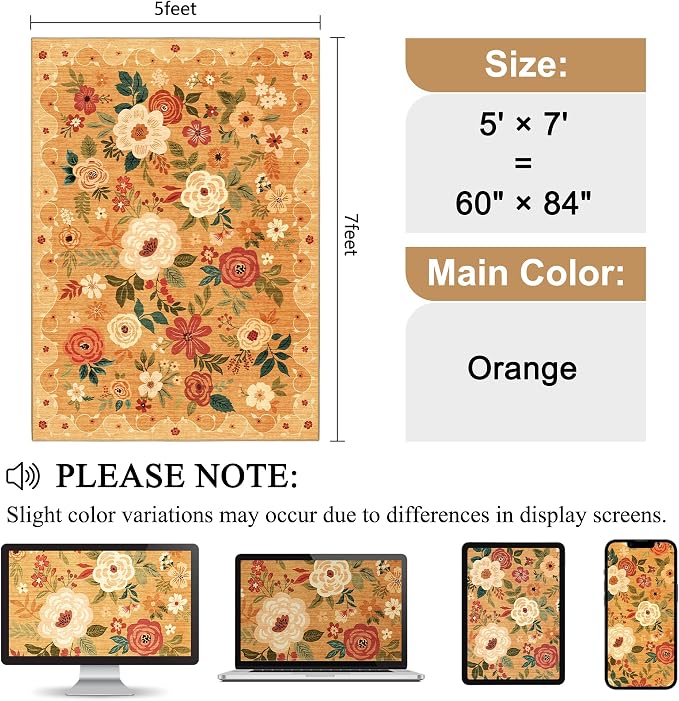 DUKINO 5x7 Area Rugs, Floral Washable Rug for Living Room Non Slip, Orange | Soft, Low Pile, Stain Resistant Indoor Rug for Bedroom, Dining Room, Office, Pet Friendly, Lightweight, Modern Home Decor