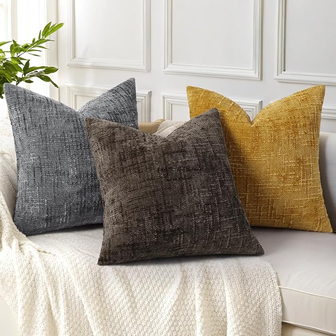 decorUhome Textured Chenille Throw Pillow Covers 20x20 Set of 2 Dark Brown | Fall Modern Farmhouse Soft Cozy Slubby Couch Pillow Cases Boho Decorative Pillow Cases for Bed Sofa Living Room Home Decor