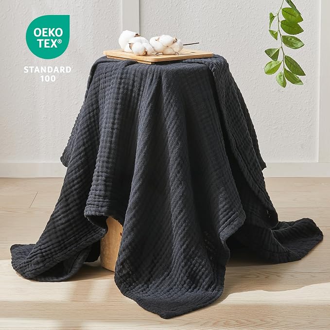 EMME Muslin Blankets for Adults Throw Blanket for Couch Breathable Gauze Soft Lightweight Airy Black Twin XL 66" x 90"