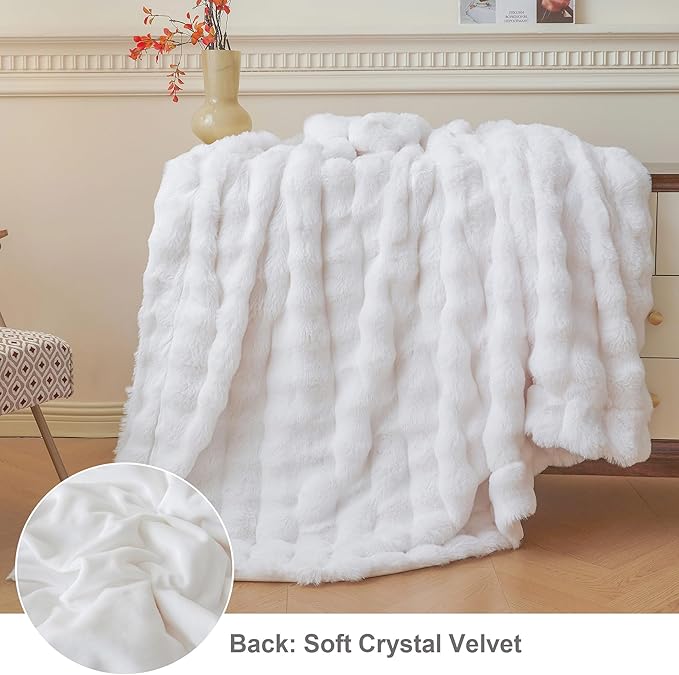 LIFEREVO Luxury Fluffy Faux Rabbit Fur Throw Blanket 50x60, White | Plush Shaggy Bubble Blanket for Bed Couch Sofa Office, Decorative Soft Cute Furry Lap Throw for Kids Teens Adults, Washable