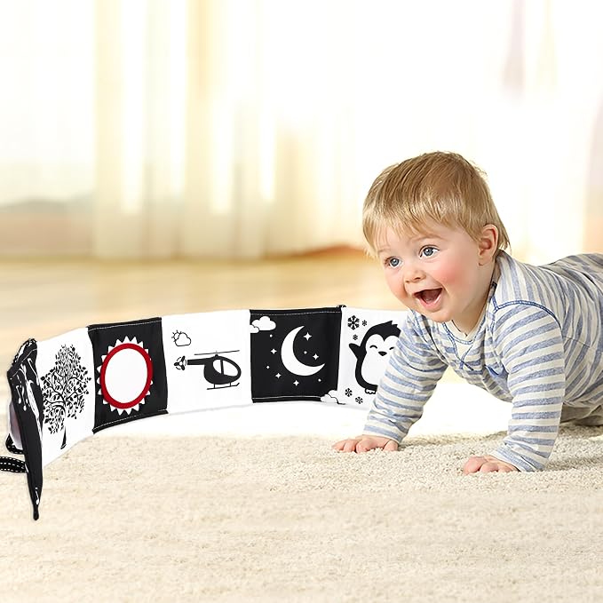 Black & White High Contrast Newborn Toys - Tummy Time & Brain Development - Soft Book, Montessori Sensory Toys (0-12 Months) Gift