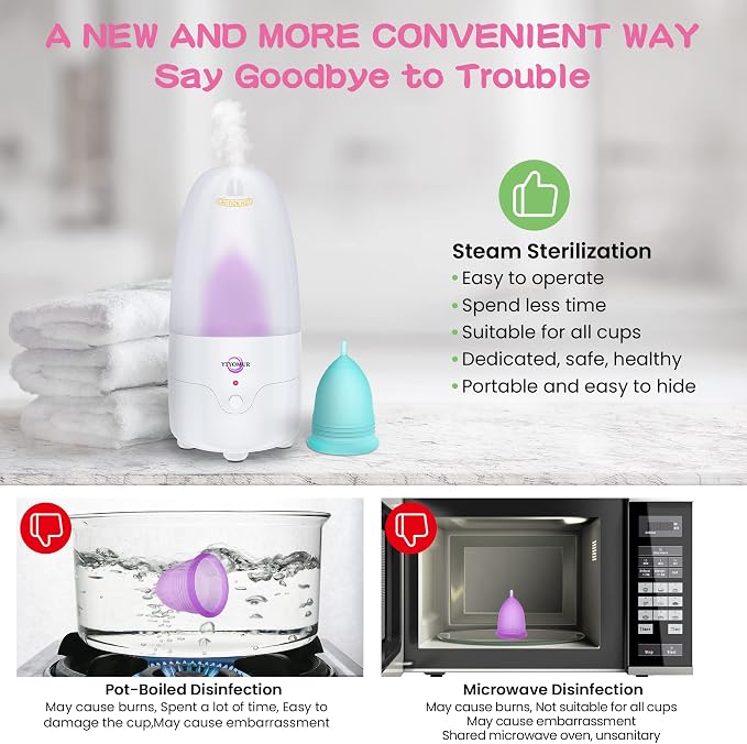YTYOMUR Menstrual Cup Steamer Sterilizer with 2 Reusable Menstrual Cups, Upgraded Period Cups Cleaner Wash Kit