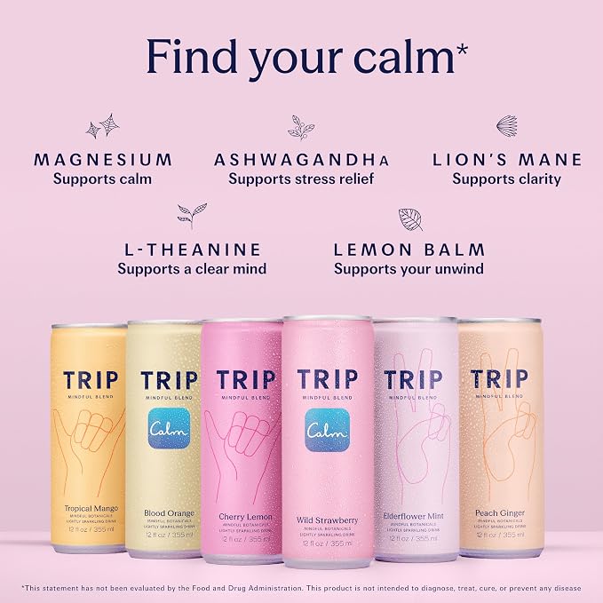 TRIP Lightly Sparkling Adaptogen Seltzer, Non-Alcoholic Mocktail with Magnesium, Ashwagandha, Lions Mane & L Theanine, No Added Sugar, Vegan, Party Variety Pack, 12 Oz, 12Pk