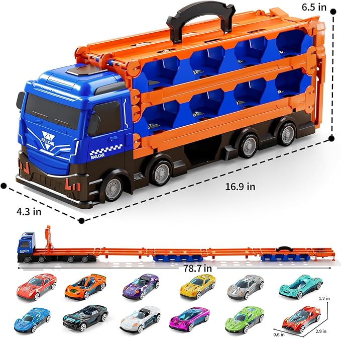 Toy Truck for 3 4 5 6 Years Old Kids Boys, 78-Inch Race Track Transport Vehicle and 12 Die-Cast Metal Toy Cars, Carrier Truck Toddler Truck Car Toys Set Gifts for Age 3-12 Years Old Kids Boys