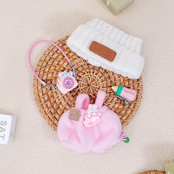 Doll Clothes for 17cm Dolls, Soft Knit Hat, Cozy Overalls, Camera, Bottle & Cute Accessories (No Doll) (Pink)