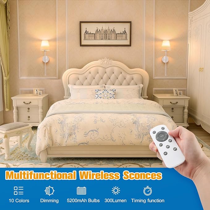 Battery Operated Wall Sconce Set of 2,Brushed Nickel Rechargeable Wall Lights with 10400mAh Dimmable Detachable Bulbs and Remote, 10 Colors Wireless Sconces for Bedroom Living Room Hallway