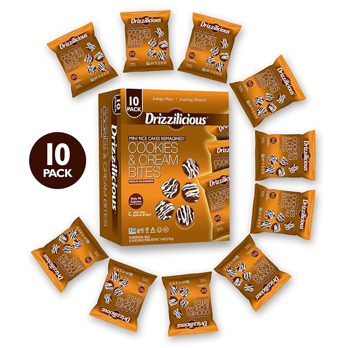 Drizzilicious Mini Flavored Rice Cakes Cookies & Cream - Rice Crisps, Healthy Snack for Adults and Kids, Vegan, Gluten Free Snack, Allergen Free, Only 90 Calories Per Bag - 0.74 oz (Pack of 10)