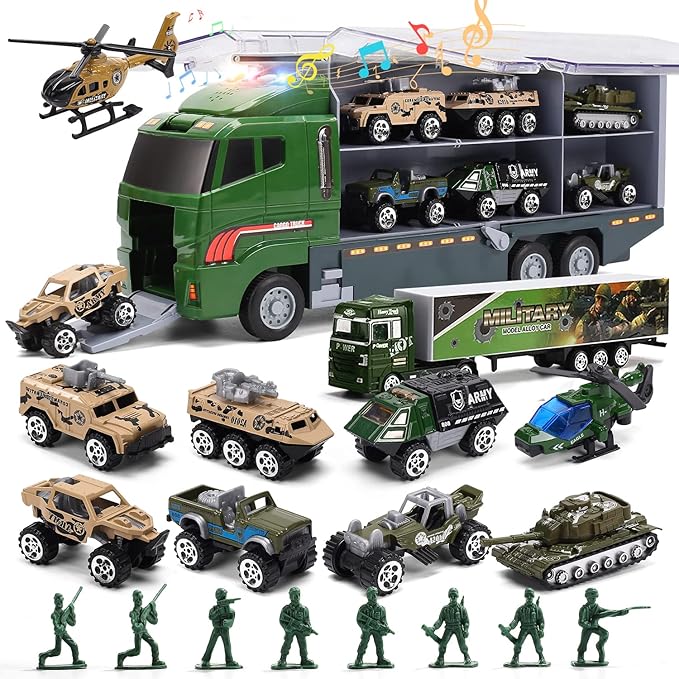 28 in 1 Army Toy Trucks with Sound and Light, Push and Go Military Car Carrier with 16 Soldiers, Gift for Boys, Toddlers, and Kids Ages 3+