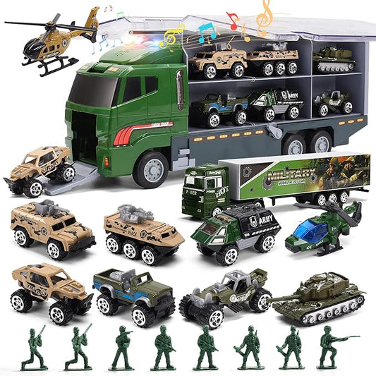 28 in 1 Army Toy Trucks with Sound and Light, Push and Go Military Car Carrier with 16 Soldiers, Gift for Boys, Toddlers, and Kids Ages 3+