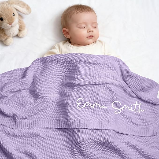 Personalized Baby Blanket with Name - Organic Cotton Custom Embroidered Blanket for Newborn Baby Girl Boy Gifts, 30x40 Inch Soft Knit Swaddle Receiving Blanket for Baby Shower