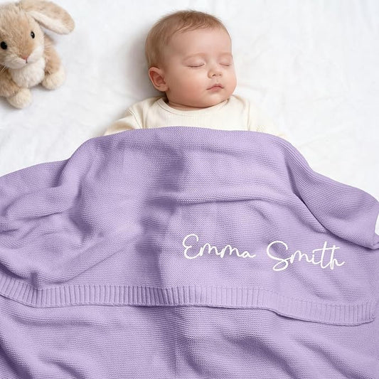 Personalized Baby Blanket with Name - Organic Cotton Custom Embroidered Blanket for Newborn Baby Girl Boy Gifts, 30x40 Inch Soft Knit Swaddle Receiving Blanket for Baby Shower