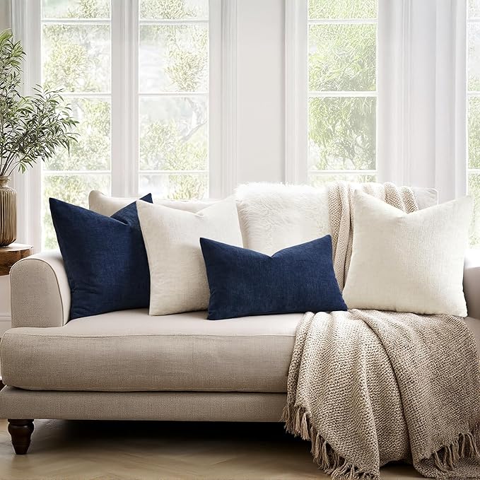 MIULEE Navy Chenille Couch Throw Pillow Covers, 18x18 | Set of 2, Soft Coastal Home Decor, Modern Farmhouse Decorative Pillowcases for Sofa Living Room Bed