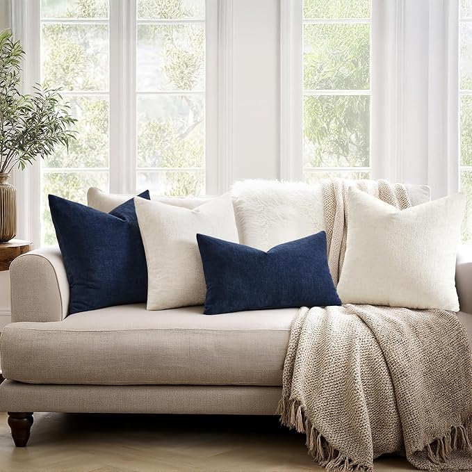 MIULEE Navy Chenille Couch Throw Pillow Covers, 20x20 | Set of 2, Soft Coastal Home Decor, Modern Farmhouse Decorative Pillowcases for Sofa Living Room Bed