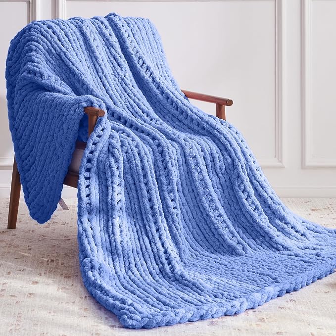 Negwoo Chunky Knit Throw Blanket, Knitted Throw Chenille Yarn, 60"*80" | Soft Thick Cable Knitted Blankets, Handmade Big Thick Blanket, Machine Washable Cute Comfy Blanket for Home Decor, Light blue