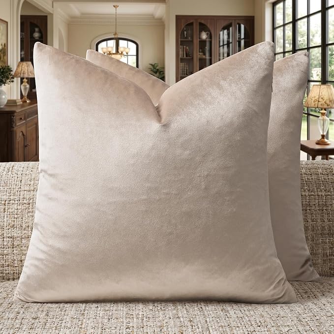 GIGIZAZA Velvet Pillow Covers 24x24 Decorative Pillows Pack of 2 Beige | Champagne Throw Pillows for Couch Sofa,280gsm Soft Textured Fabric,Modern Square Pillowcases,Luxury Cushion Covers