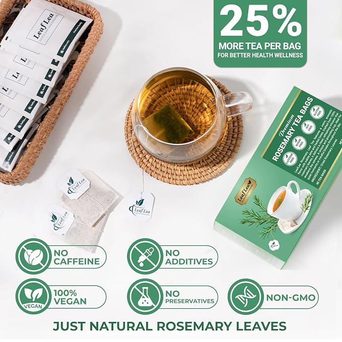 LeafLea Rosemary Tea Bags, Pure Rosemary Leaf Herbal Tea, Caffeine-Free | Te De Romero with a Soothing, Earthy Taste, Individually Foil-Wrapped for Freshness, Sugar-Free, Non-GMO, 40 Tea Bags