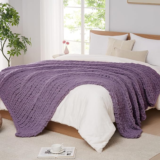 L'AGRATY Chunky Knit Throw Blanket for Couch, 50 x 60 Inches, Deep Purple | Handmade Chenille Crochet Blanket for Sofa Bed, Thick Cable Knitted Blankets for Room Home Decor, Birthday Gift for Women Mom