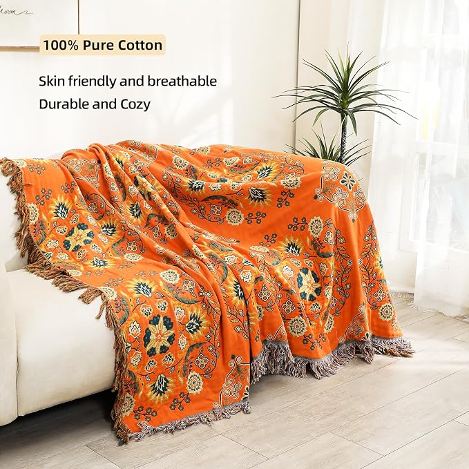VANJOROY Boho Large Throw Blanket, 100% Organic Muslin Cotton Breathable Soft Bed Throw - Floral Farmhouse Decor Blanket for Sofa Couch Chair and Gift. 80" x 90"- Orange