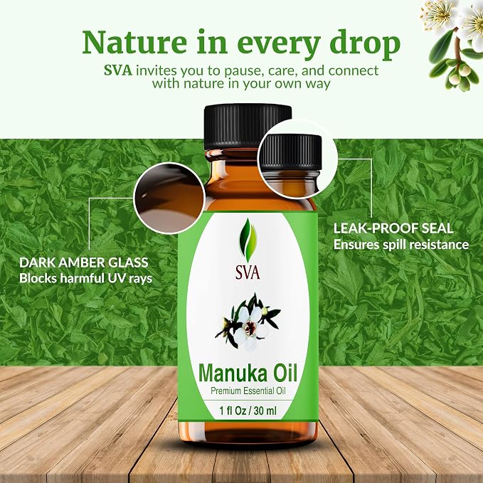 SVA Manuka Essential Oil 1 Fl Oz – for Diffuser, Skin & Hair Care – Ideal for Massage & DIY Blends – with Dropper