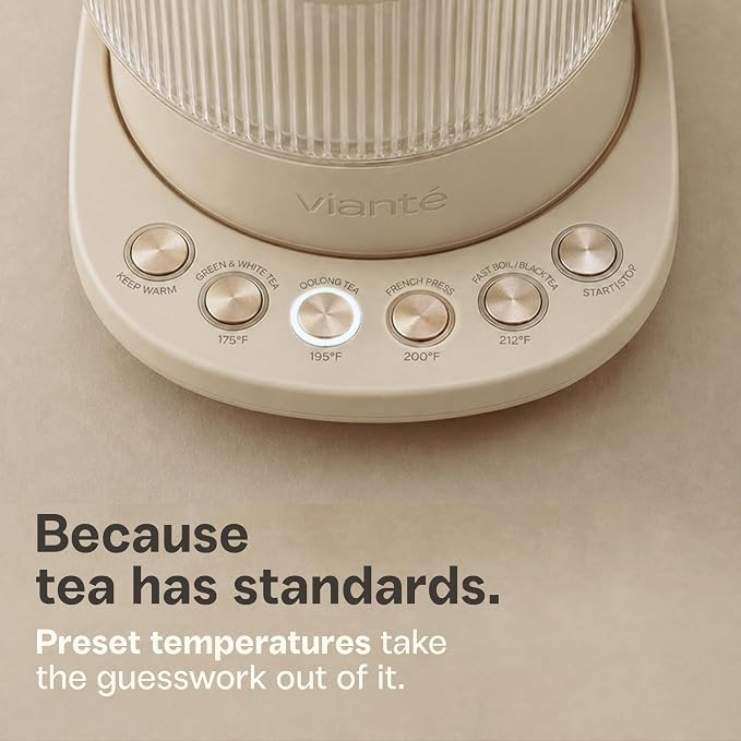 Viante Nina Electric Tea Kettle with Infuser, No Plastic In Contact With Water, 1.5L Borosilicate Glass, 304 Stainless Steel, 4 Temp Presets, Keep Warm, Cordless, Auto Shut-Off, Beige