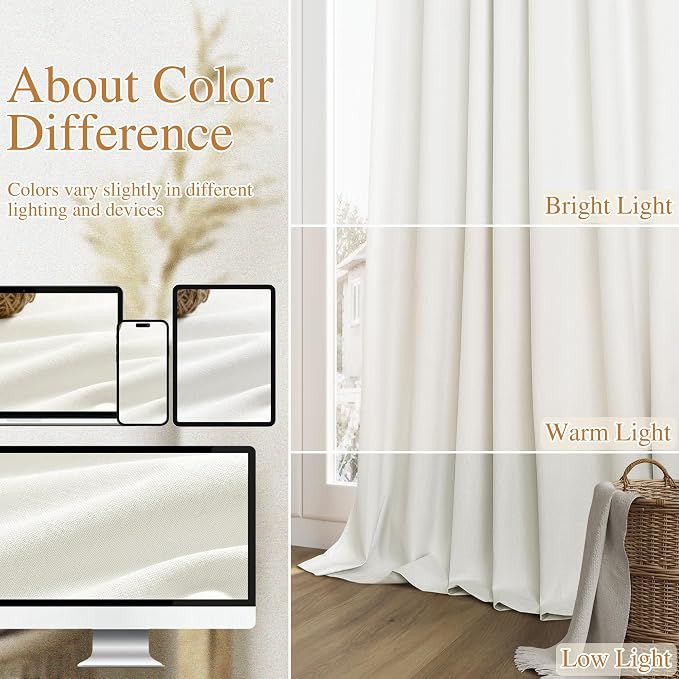 Guken Ivory 100% Blackout Linen Curtains 80 Inch Length 2 Panels Set for Living Room Bedroom Back Tab/Rod Pocket Thermal Insulated Black Out Drapes Room Darkening Window Curtains 80 Inches Long