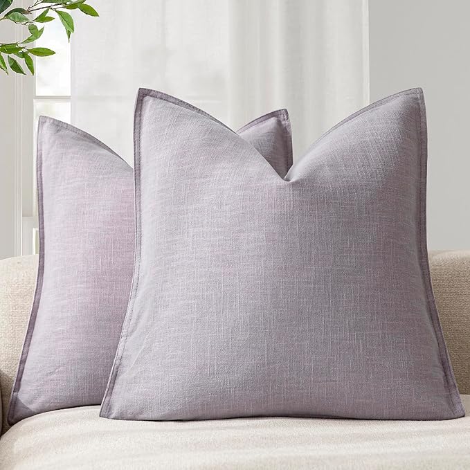 Foindtower Pack of 2, Decorative Linen Solid Throw Pillow Covers Soft Accent Cushion Euro Case Boho Farmhouse Pillowcase for Chair Couch Sofa Bedroom Living Room Home Decor 20 x 20 Inch Light Purple
