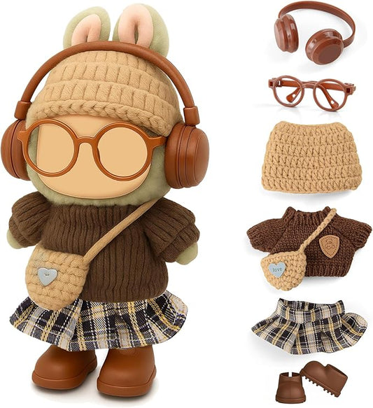 17cm Doll Knit Style Outfits Clothes and Accessories Set Include: Hat, Sweater, Dress, Bag, Glasses, Earphone and Shoes (Doll Not Included)